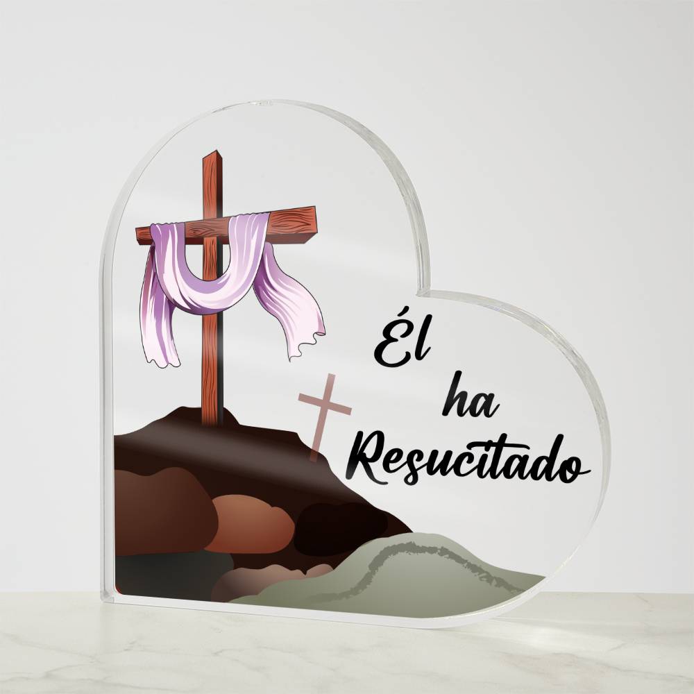 Él ha Resucitado (Cruz de Madera) | Placa de Corazón