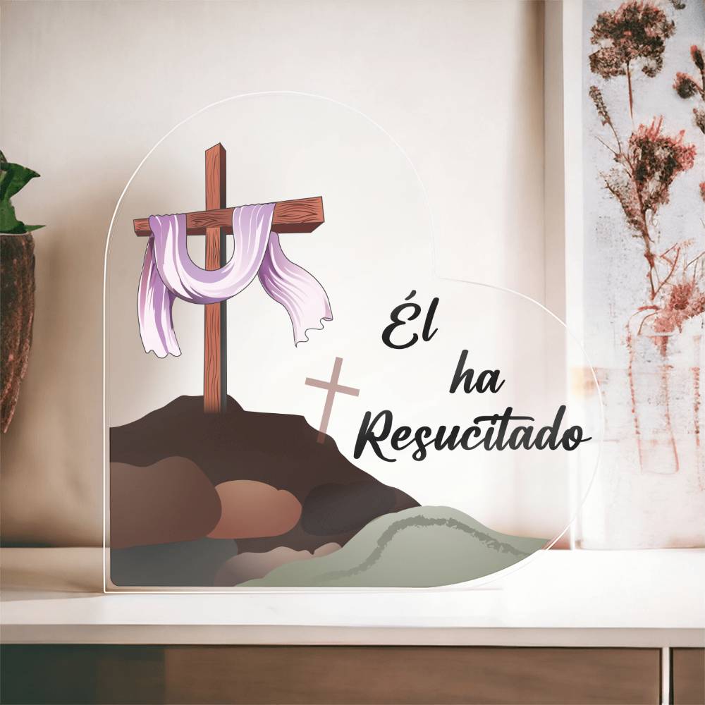 Él ha Resucitado (Cruz de Madera) | Placa de Corazón